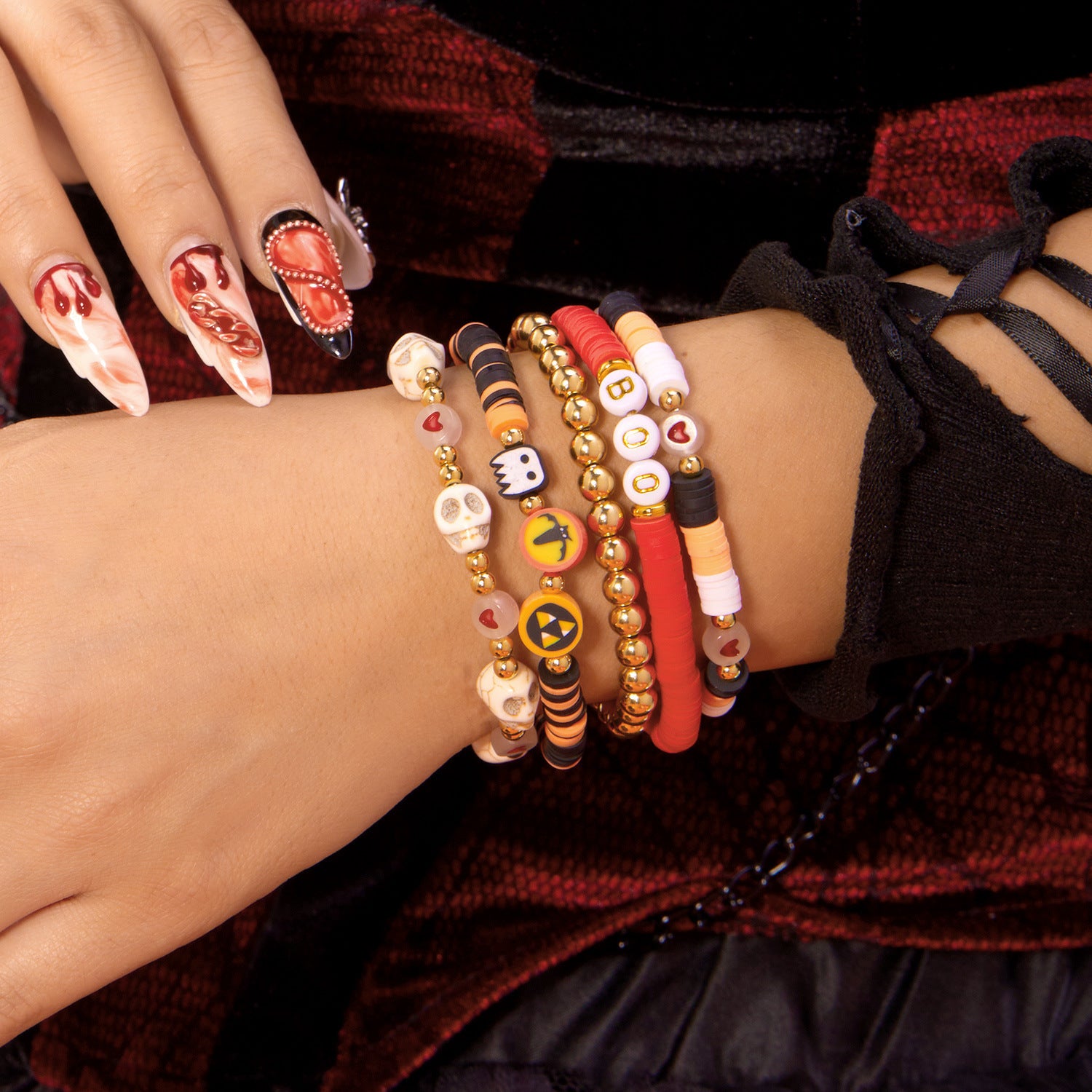 Wholesale  colorful polymer clay bracelet fashionable personality skull pumpkin letter elastic bead combination set bracelet